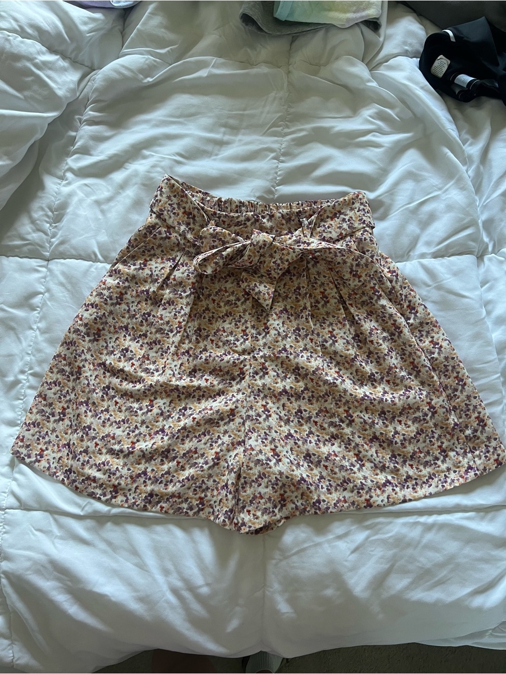 Zara Beige Paperbag Waist Shorts with Purple Floral Print